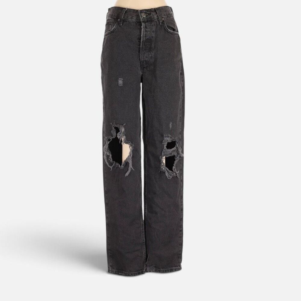 Free People We The Free Asso Black High Waisted Distressed Leg Jeans 26” NWT